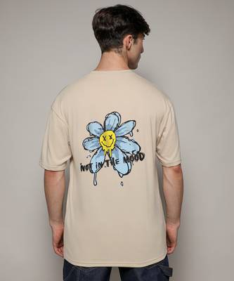 Campus sutra men's pale yellow printed oversized basic t-shirt 1