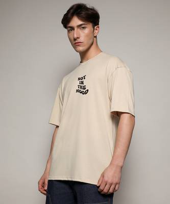 Campus sutra men's pale yellow printed oversized basic t-shirt 3
