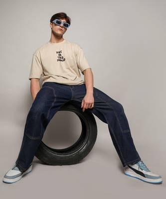 Campus sutra men's pale yellow printed oversized basic t-shirt 4