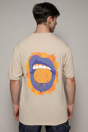 Campus sutra men's pale yellow printed oversized basic t-shirt