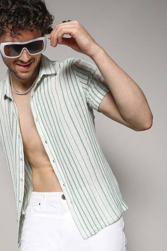 Men's white & green unbalanced striped woven shirt