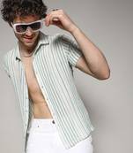 Men's white & green unbalanced striped woven shirt