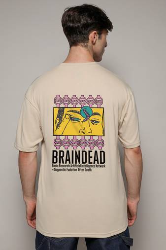Campus sutra men's pale yellow printed oversized basic t-shirt
