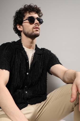 Men's jet black fleece striped shirt
