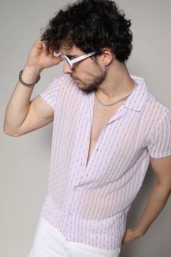 Men's white & lavender balanced striped shirt