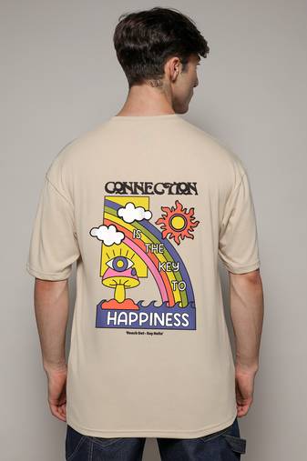 Campus sutra men's pale yellow printed oversized basic t-shirt