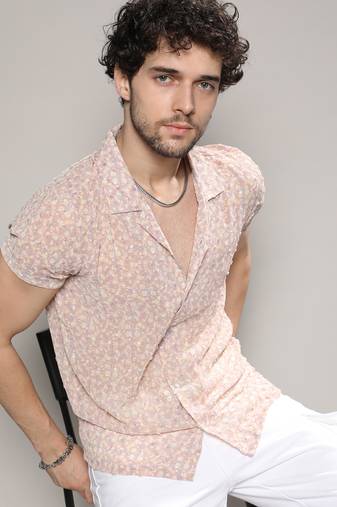 Men's beige washed flowers seld-design shirt