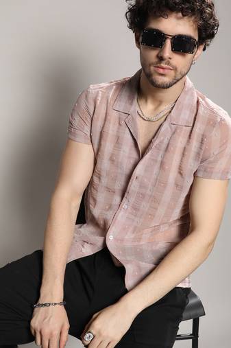 Men's brown self-design buffalo check shirt