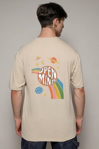 Campus sutra men's pale yellow printed oversized basic t-shirt