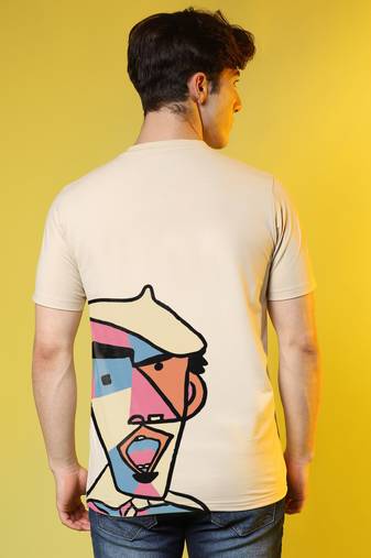 Campus sutra men's pale yellow printed oversized basic t-shirt