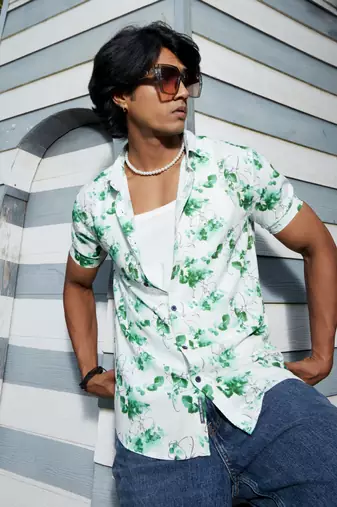 Men's green & white botanical strokes shirt