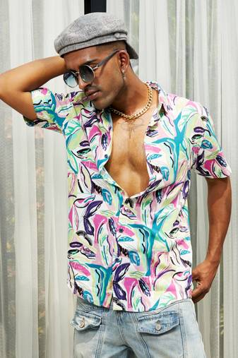 Men's pink & green abstract foilage shirt