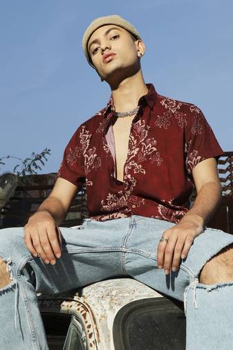 Men's brown ethnic motif shirt