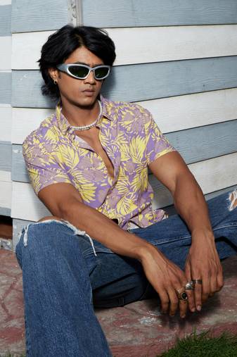Men's lavender & yellow contrast foliage shirt