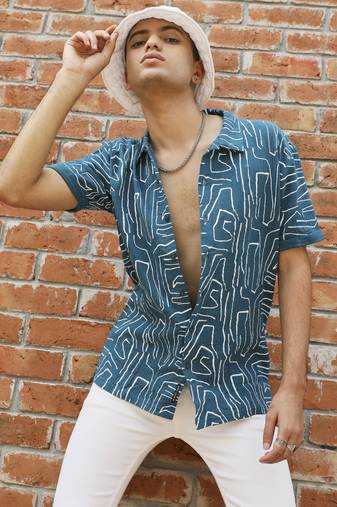 Men's teal blue abstract lines print shirt