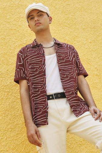 Men's maroon red abstract lines print shirt