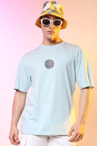 Campus sutra men's powder blue printed oversized basic t-shirt