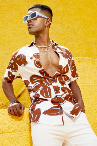 Men's white & brown maxi floral print shirt