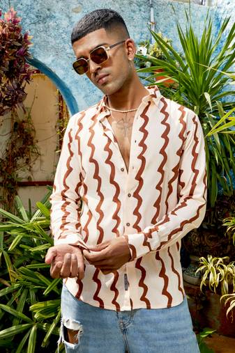 Men's beige & brown contrast paint lines shirt