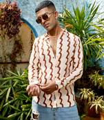 Men's beige & brown contrast paint lines shirt