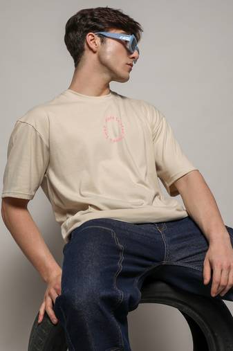 Campus sutra men's pale yellow printed oversized basic t-shirt