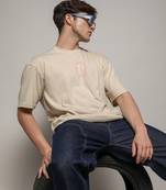Campus sutra men's pale yellow printed oversized basic t-shirt