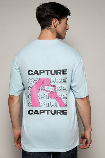 Campus sutra men's powder blue printed oversized basic t-shirt