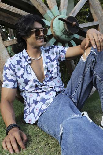 Men's indigo blue maxi floral block shirt