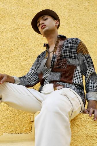 Men's brown herringbone block shirt