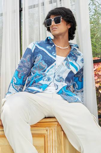 Men's blue paisley block shirt