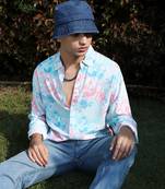 Men's ecoliva light blue & baby pink faded roses shirt
