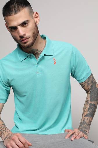 Men's aqua blue solid polo activewear t-shirt