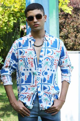 Men's ecoliva white & blue geometric palm tree shirt