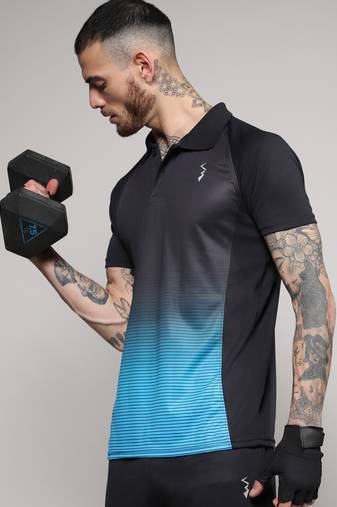 Men's jet black & sky blue ombre polo activewear t-shirt