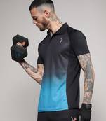 Men's jet black & sky blue ombre polo activewear t-shirt