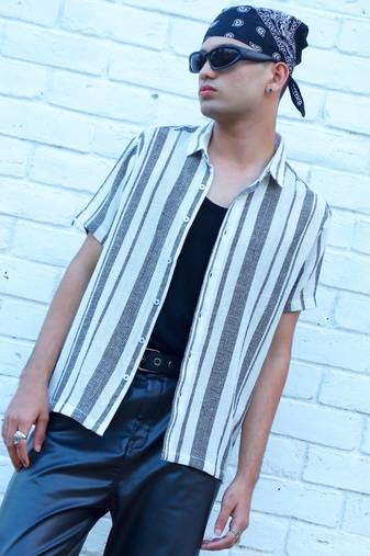 Men's white & grey unbalanced striped woven shirt