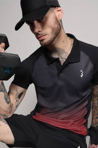 Men's jet black & crimson red ombre polo activewear t-shirt
