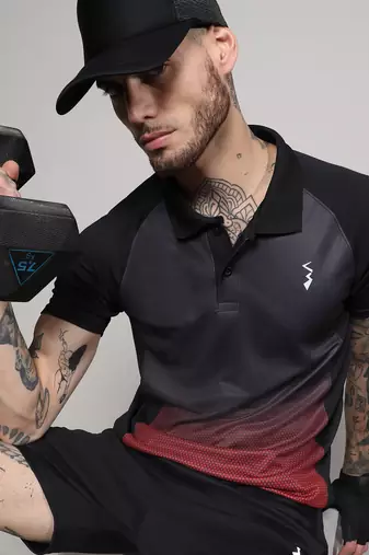 Men's jet black & crimson red ombre polo activewear t-shirt