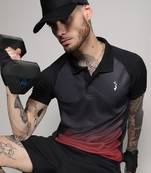 Men's jet black & crimson red ombre polo activewear t-shirt