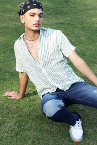 Men's white & green unbalanced striped woven shirt