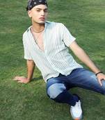 Men's white & green unbalanced striped woven shirt