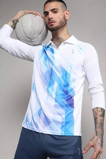 Men's white & blue contrast print activewear t-shirt
