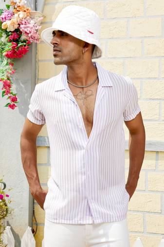 Men's white & lavender unbalanced striped shirt