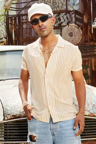 Men's white & brown unbalanced striped shirt