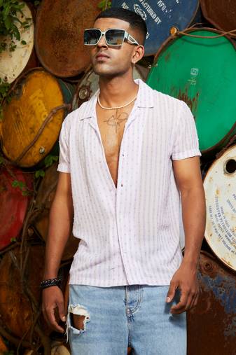 Men's white & lavender balanced striped shirt