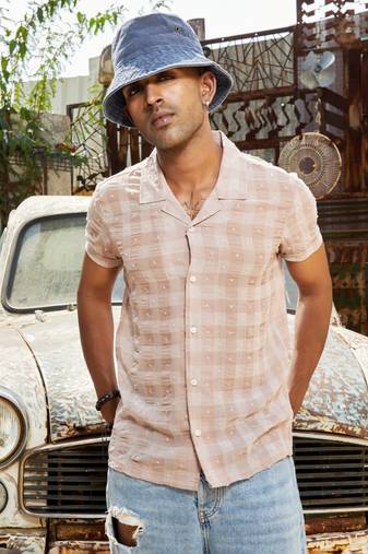 Men's brown self-design buffalo check shirt