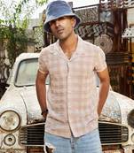 Men's brown self-design buffalo check shirt