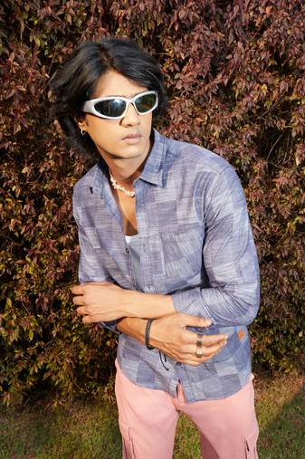 Men's steel blue heathered denim check shirt