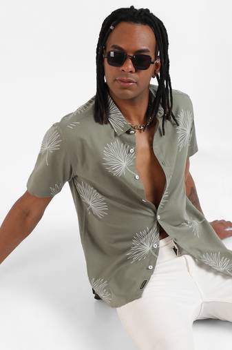 Campus sutra men's sage green minimal botanical shirt