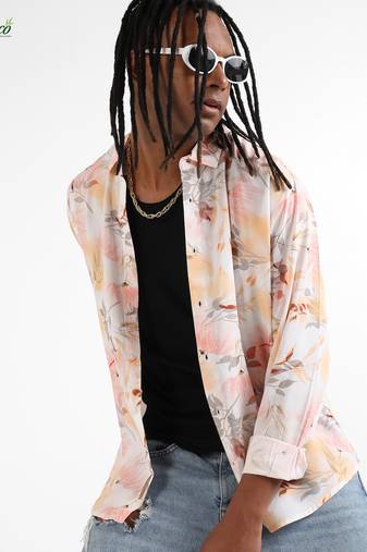 Campus sutra men's ecoliva peach pink faded botanical shirt